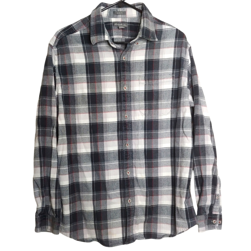Eddie Bauer Relaxed Fit Gray Plaid Casual Flannel Button Down Shirt Size Large